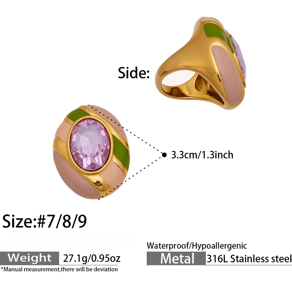 Stainless Steel Rainbow Enamel Oval Glass Stone Ring