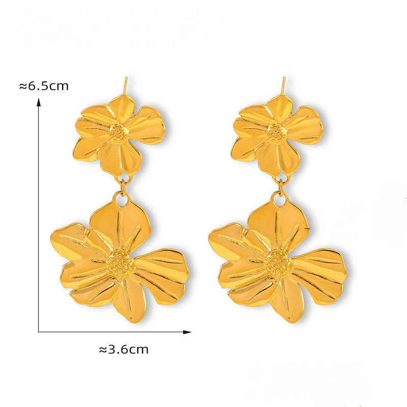 Stainless Steel Double Layer Textured Flower Drop Earrings