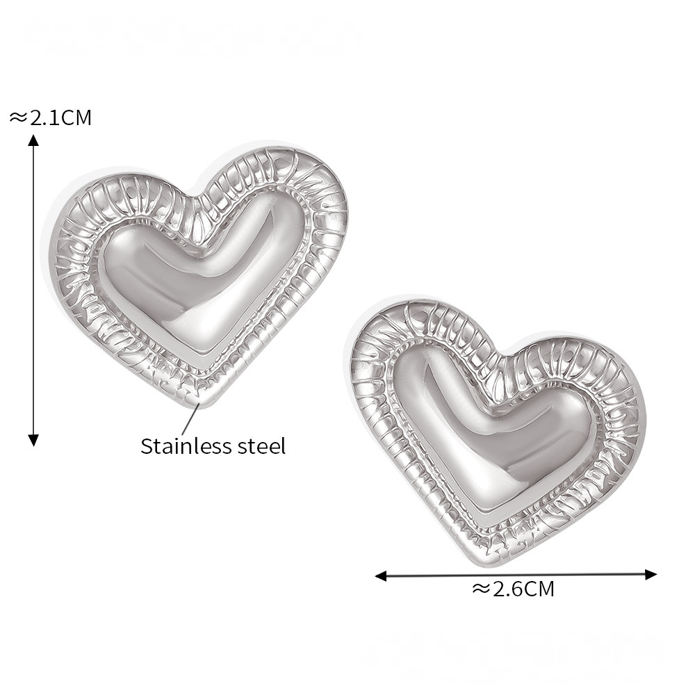 Stainless Steel Stitched Vertical Stripe Heart Stud Earrings