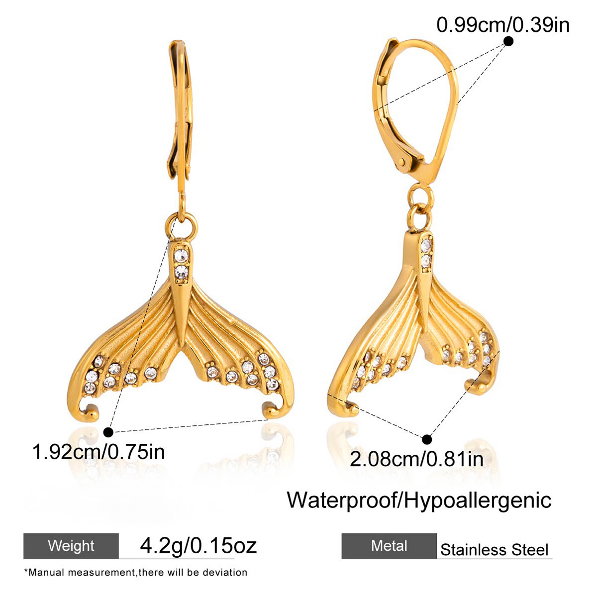 Stainless Steel Rhinestone Fish Tail Necklace Earrings Jewelry Set