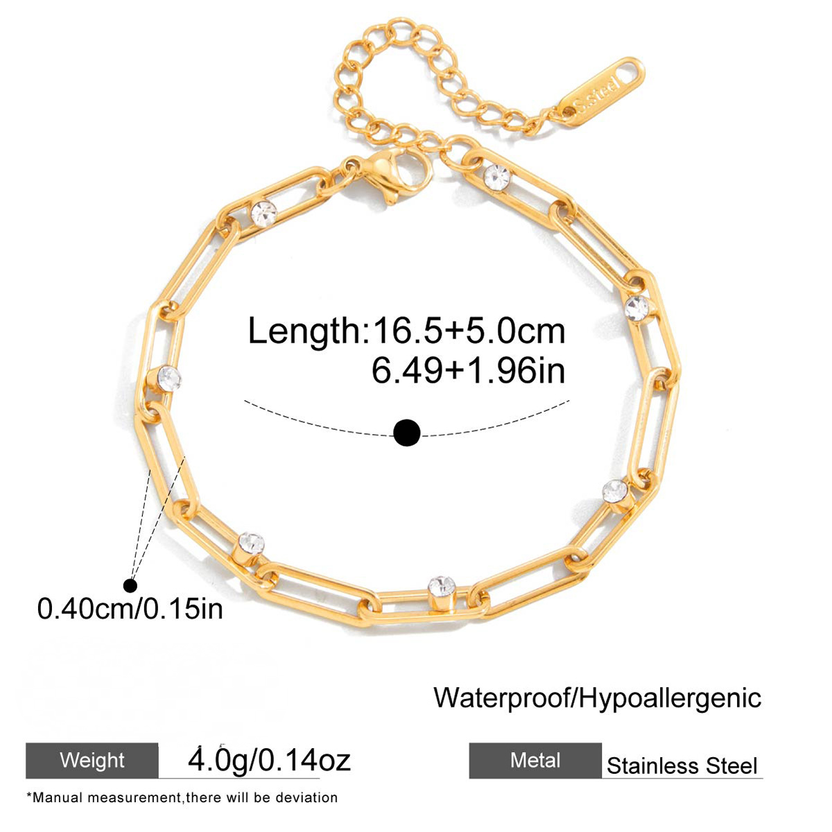 Stainless Steel Cubic Zirconia Paperclip Chain Bracelet
