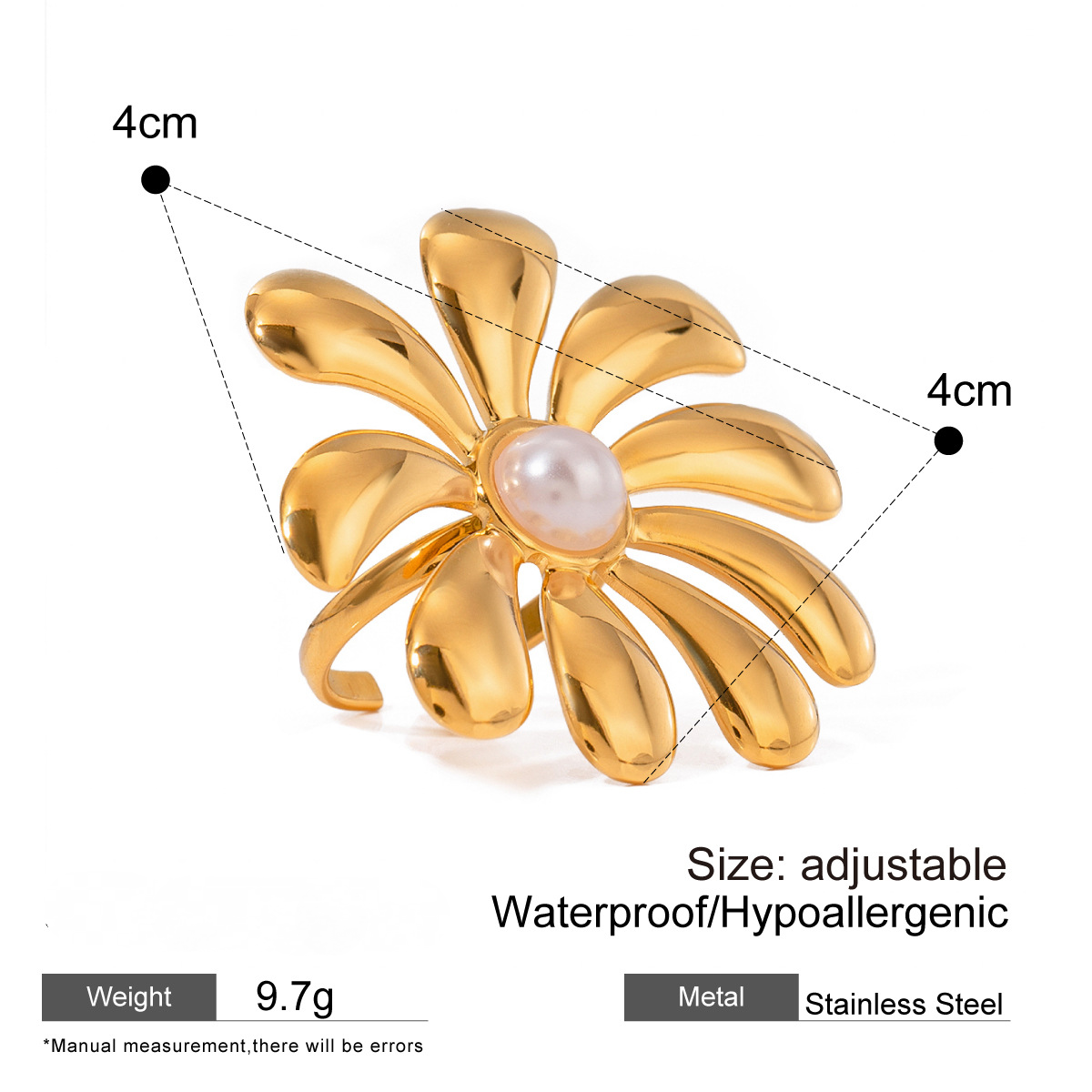 Stainless Steel Exaggerated Flower Pearl Ring