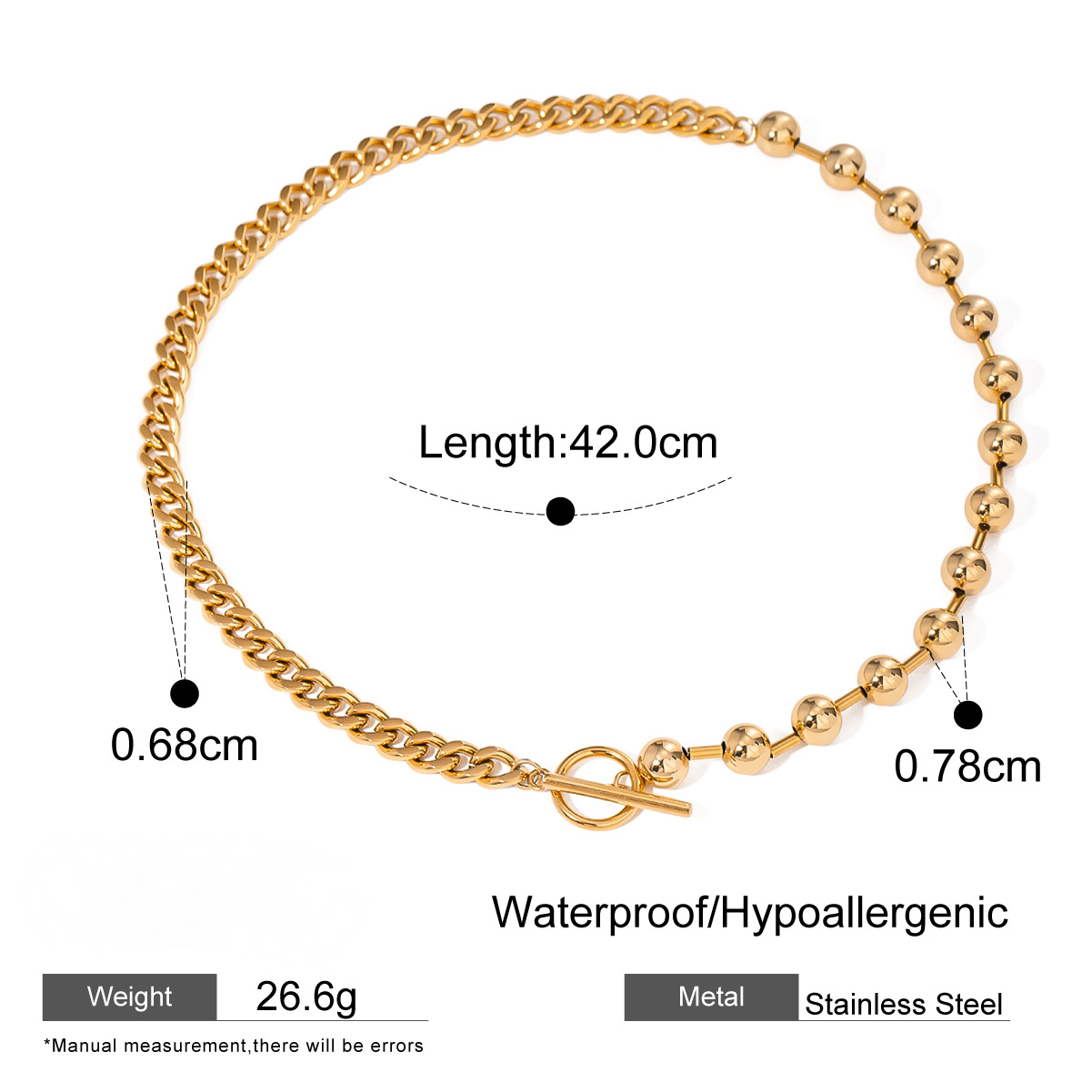 Stainless Steel Curb Chain Beaded Chain Splicing OT Buckle Necklace