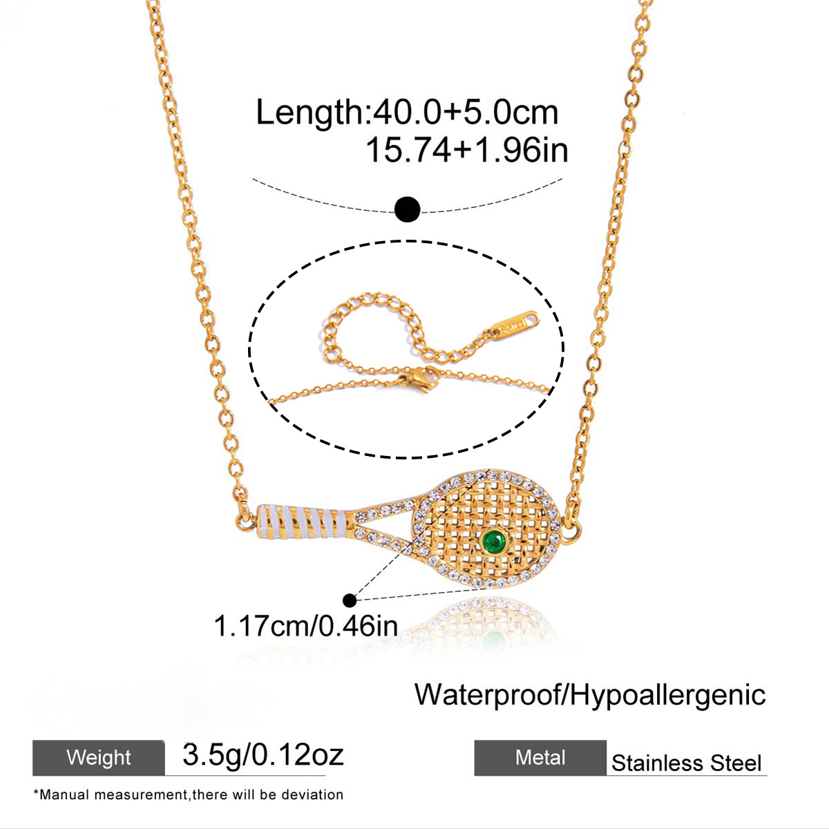 Stainless Steel Tennis Racket CZ Pendant Snake Chain Necklace