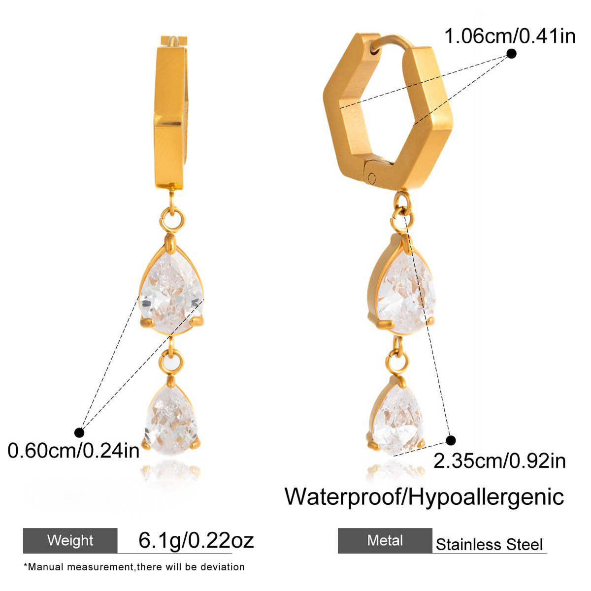 Stainless Steel Geometric Water Drop CZ Pendant Earrings