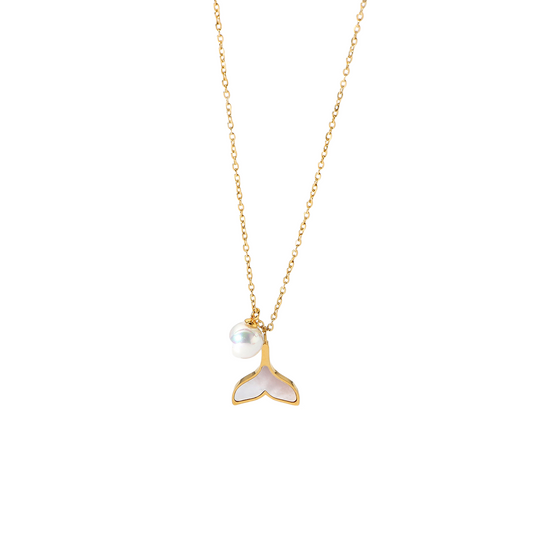 Stainless Steel 14K Gold PVD Shell Mermaid Pearl Pendant Necklace