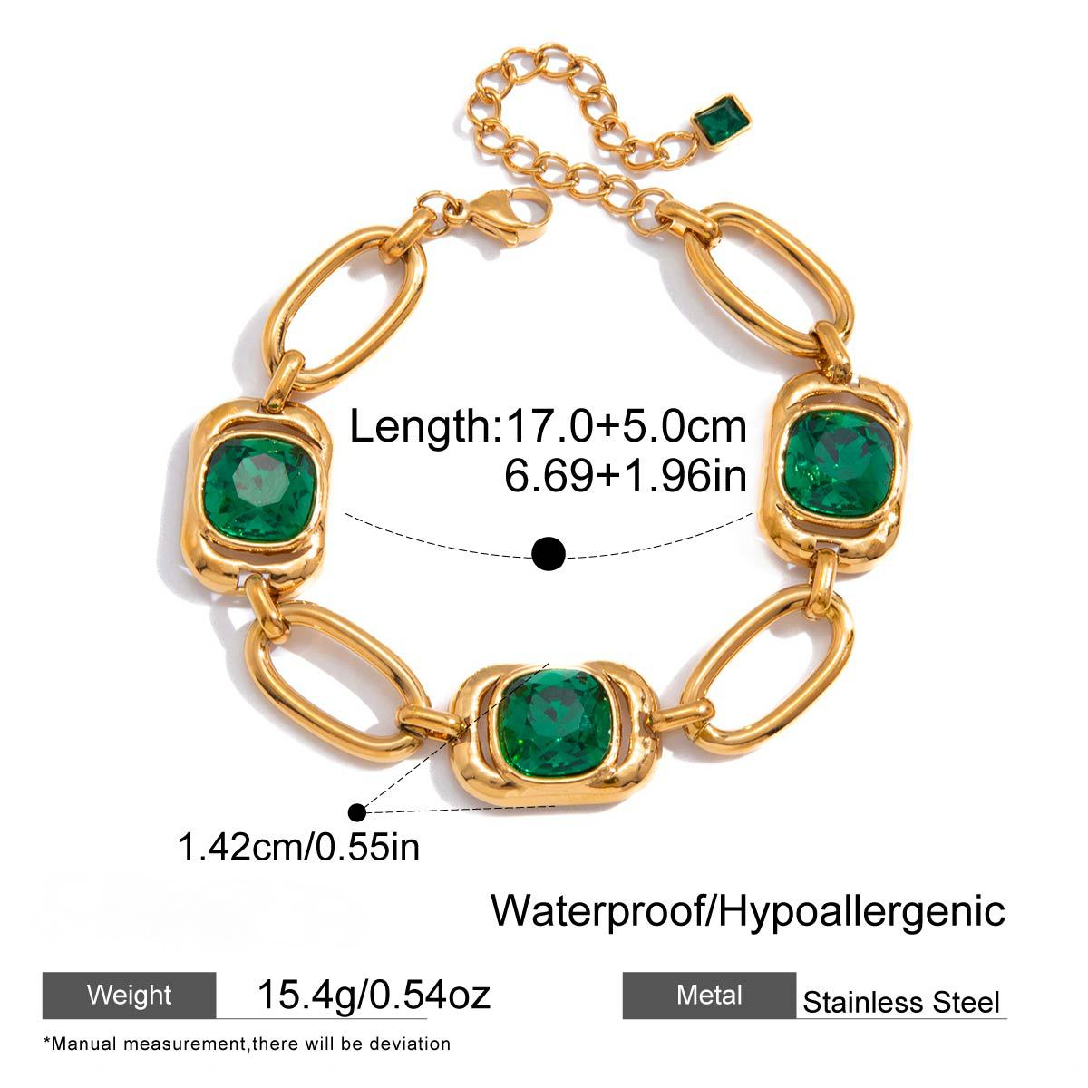 Stainless Steel Square Green Glass Thick Paperclip Chain Bracelet