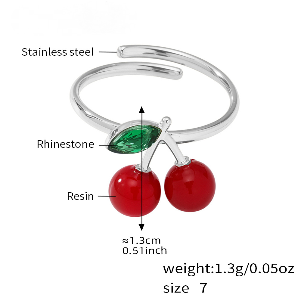 Stainless Steel 18K Gold PVD Rhinestone Resin Cherry Ring