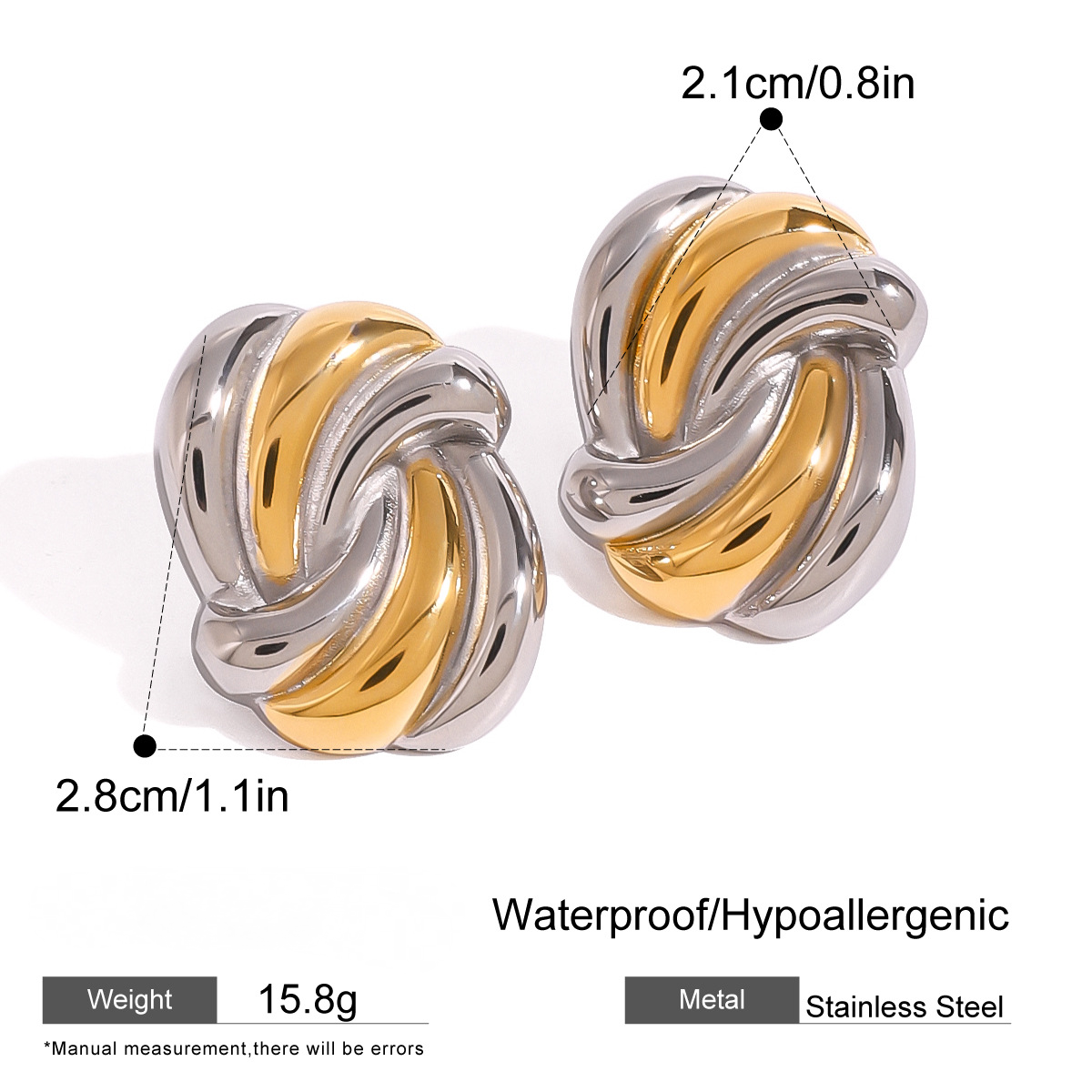 Stainless Steel Wave Gold and Steel Two-Tone Stud Earrings
