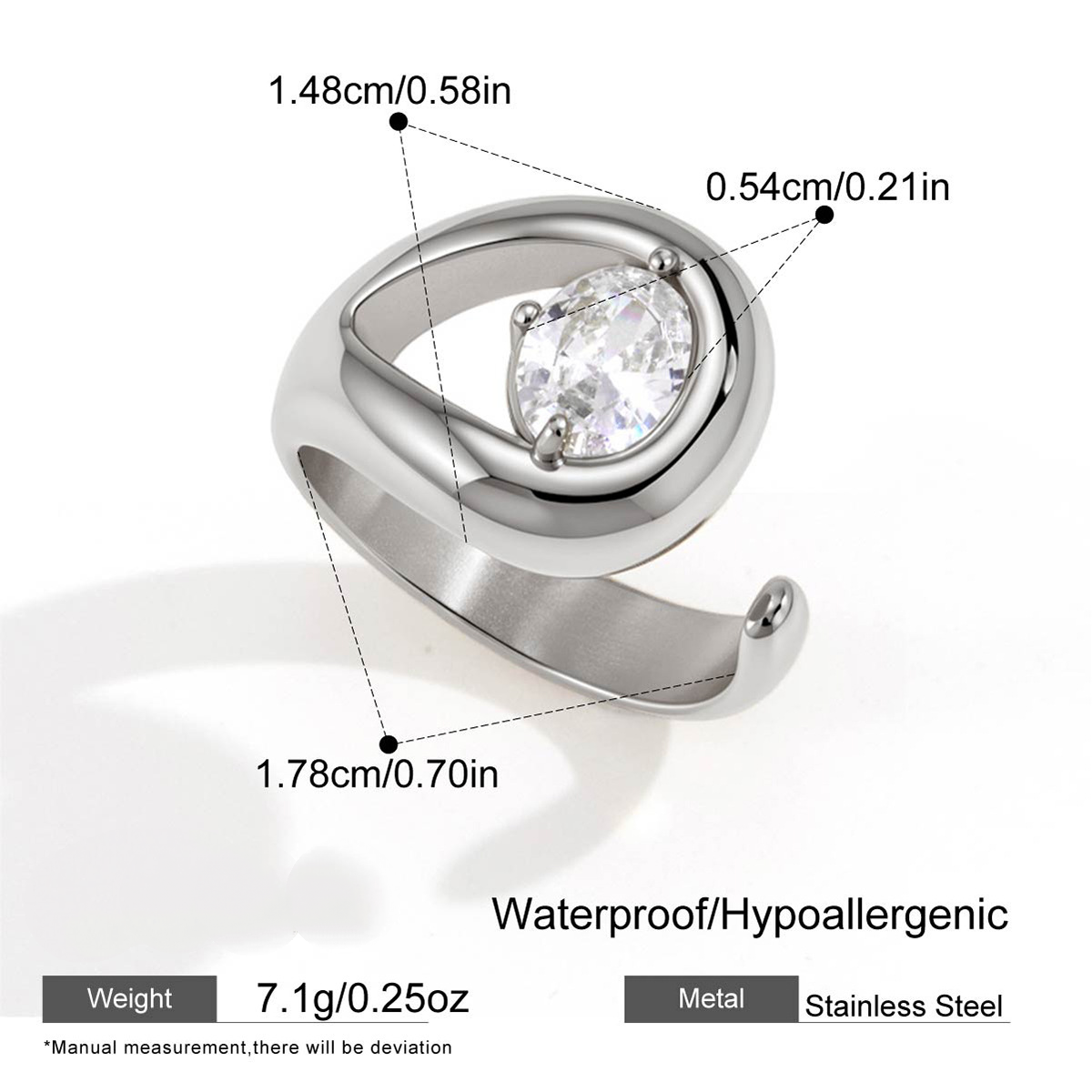 Stainless Steel White CZ Water Drop Hollow-out Open Ring