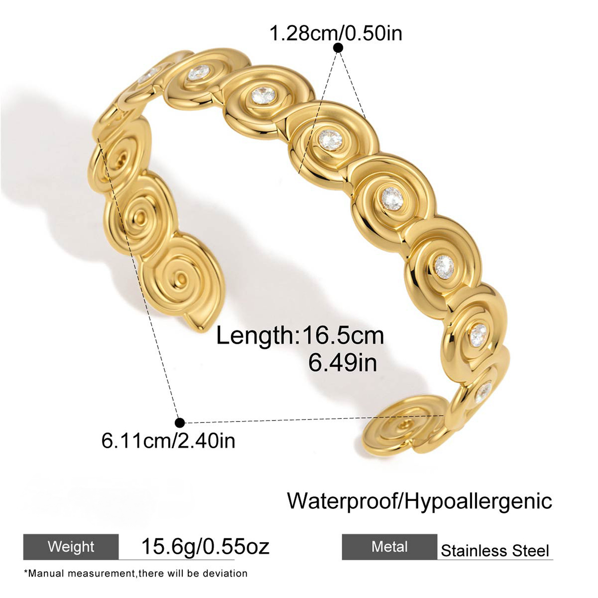 Stainless Steel White Cubic Zirconia Conch Spiral Cuff Bracelet