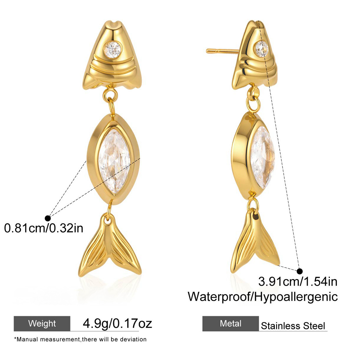 Stainless Steel Cubic Zirconia Fish Pendant Stud Earrings
