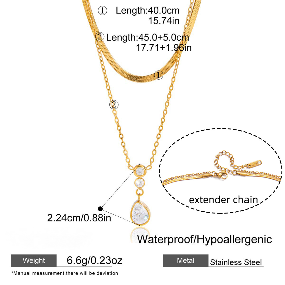 Stainless Steel Double-layer Water Drop Cubic Zirconia Necklace