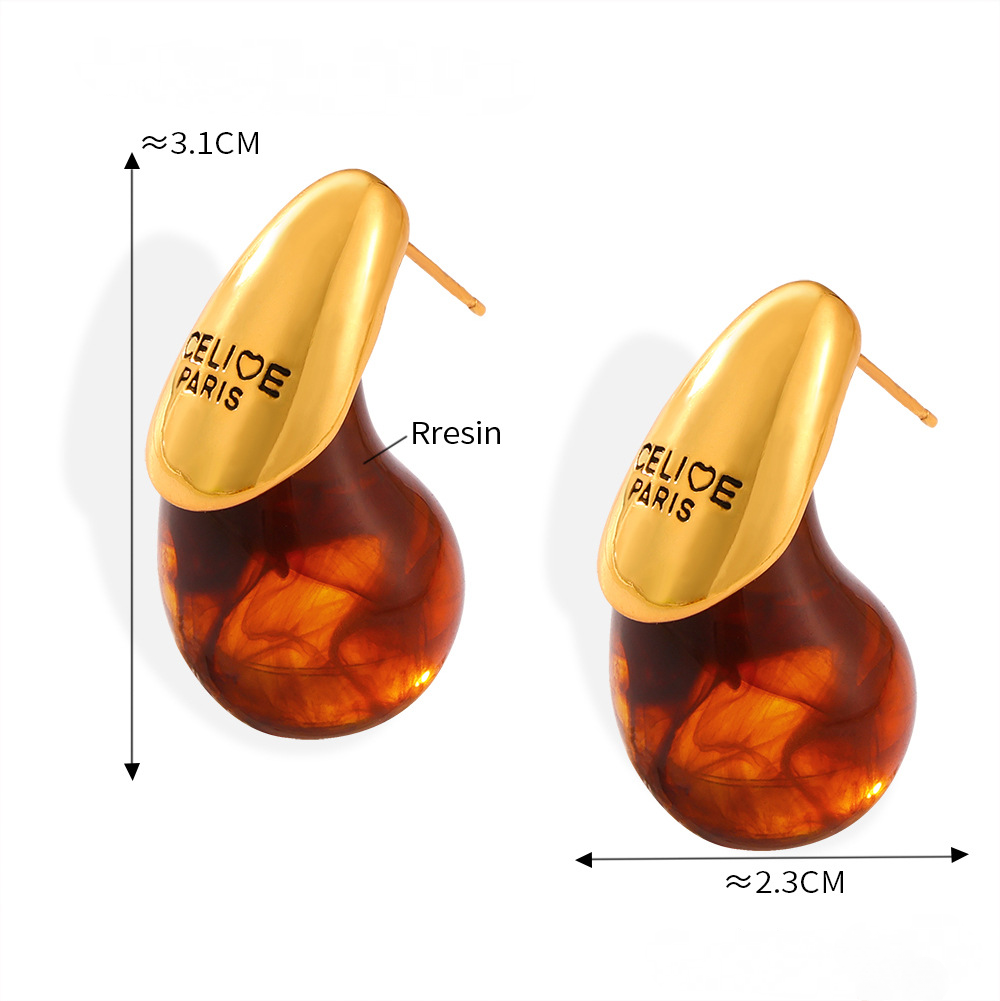 Water Drop Shape Resin Stainless Steel Letter Hoop Earrings