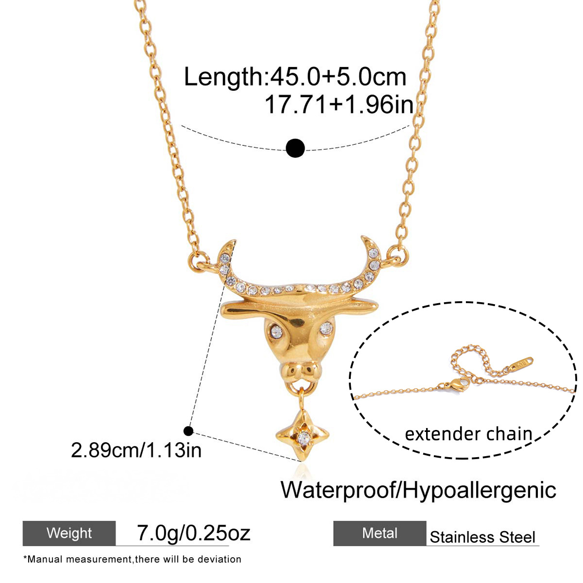 Stainless Steel Rhinestone Ox Head and Horn Resin Pendant Necklace