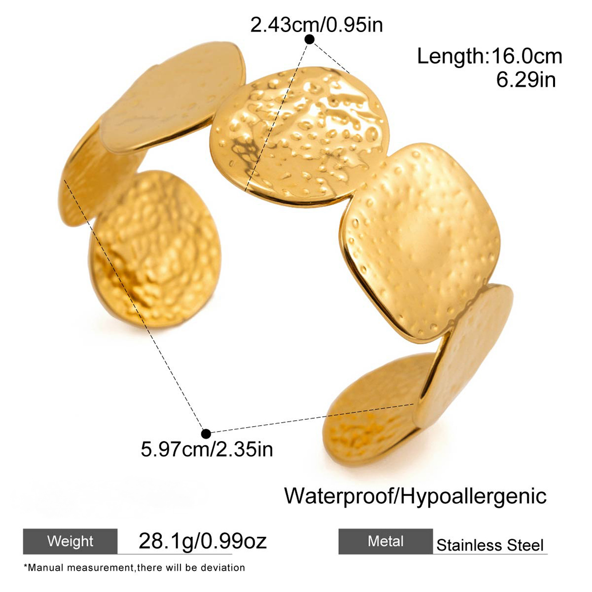 Stainless Steel Hammer Texture Cuff Bracelet