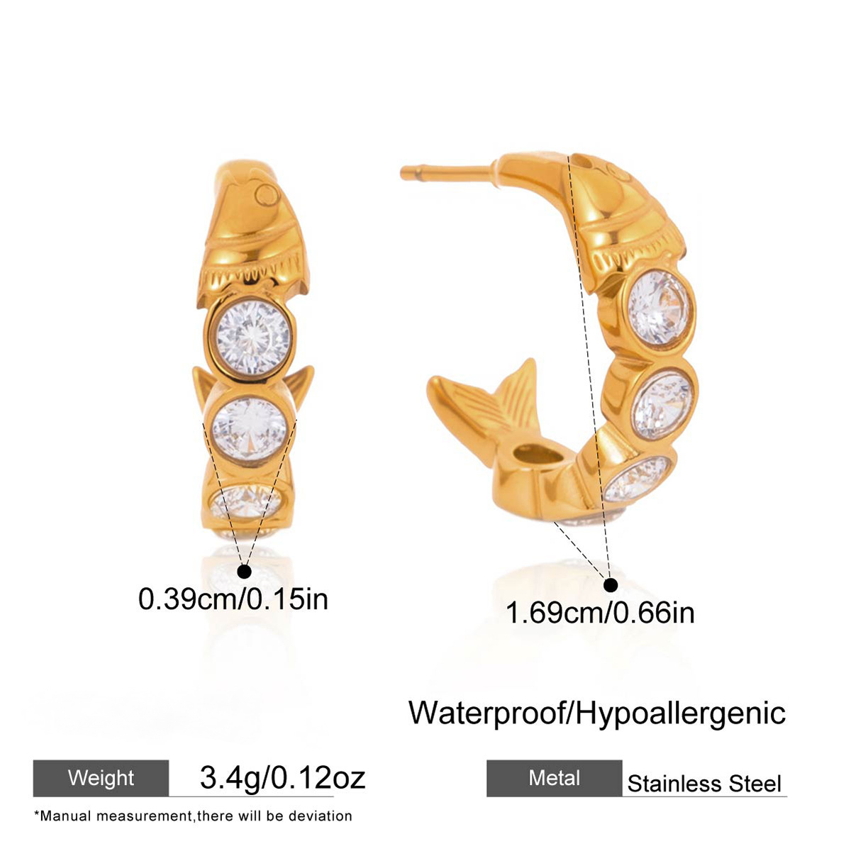 Stainless Steel CZ Fish-shaped C-shaped Hoop Earrings