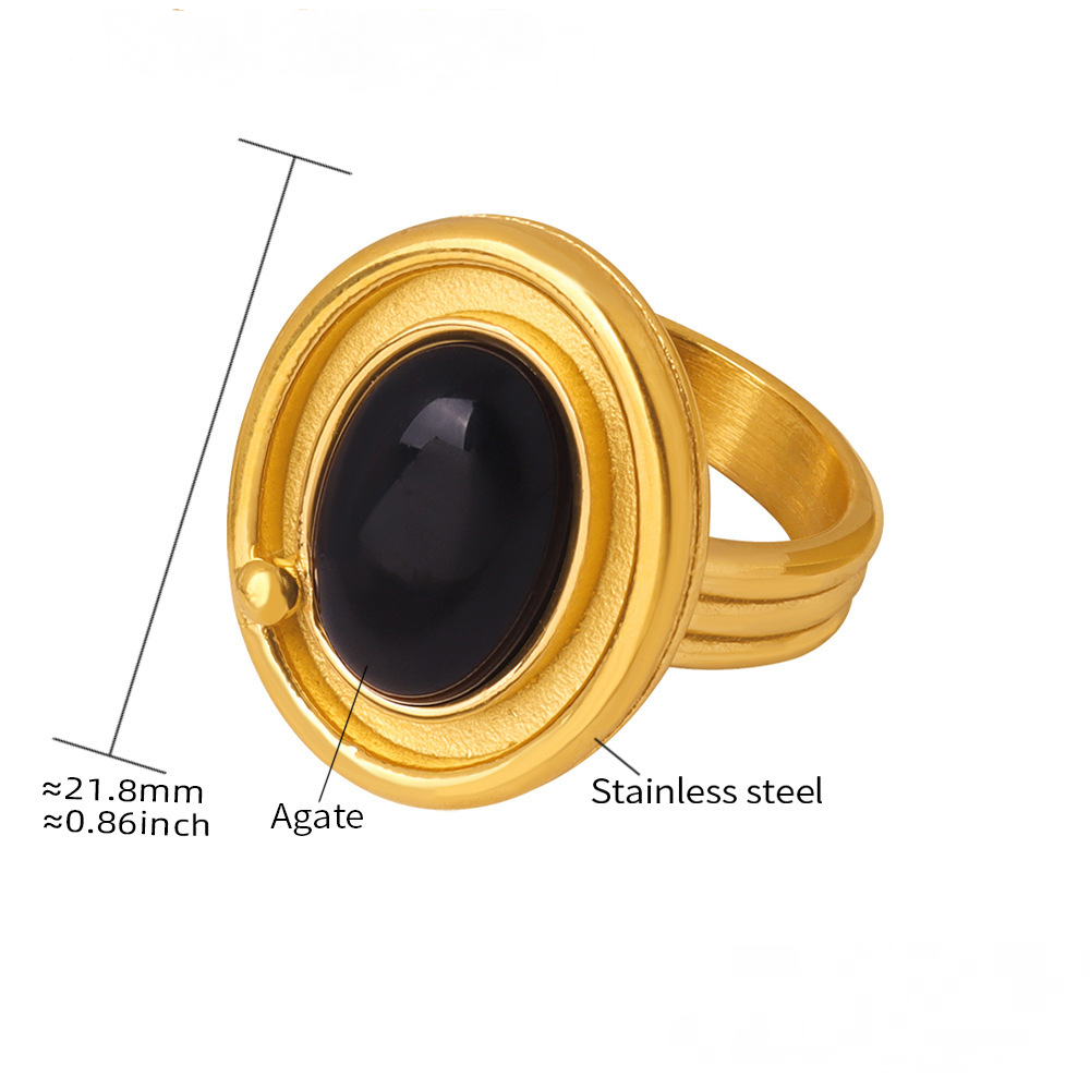 Stainless Steel Oval Black Agate Ring
