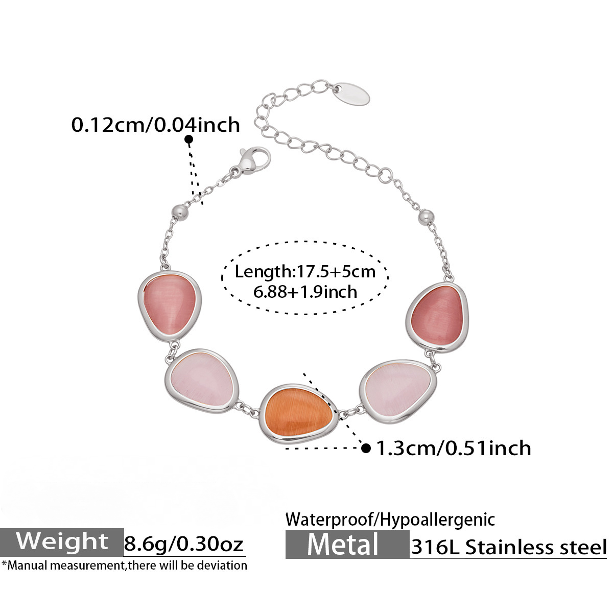 Stainless Steel Water Drop Cat's Eye Stone Necklace Earrings Bracelet Jewelry Set