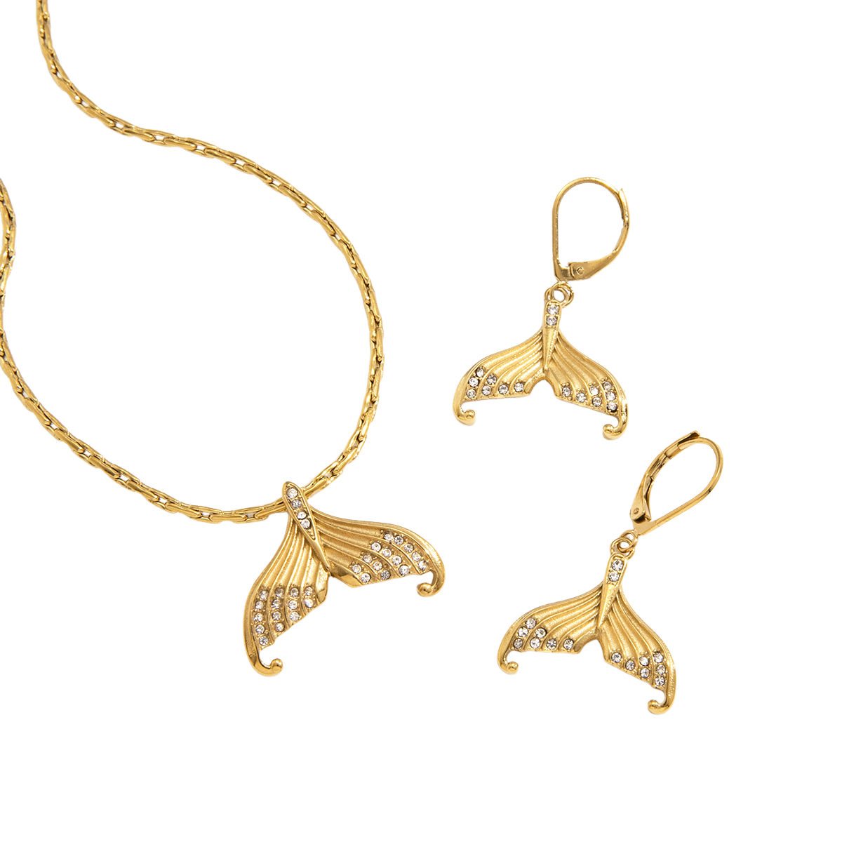 Stainless Steel Rhinestone Fish Tail Necklace Earrings Jewelry Set
