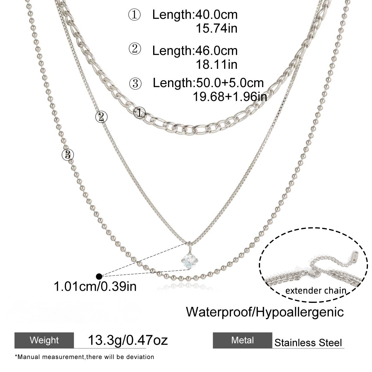 Stainless Steel Three-layer CZ Pendant Necklace