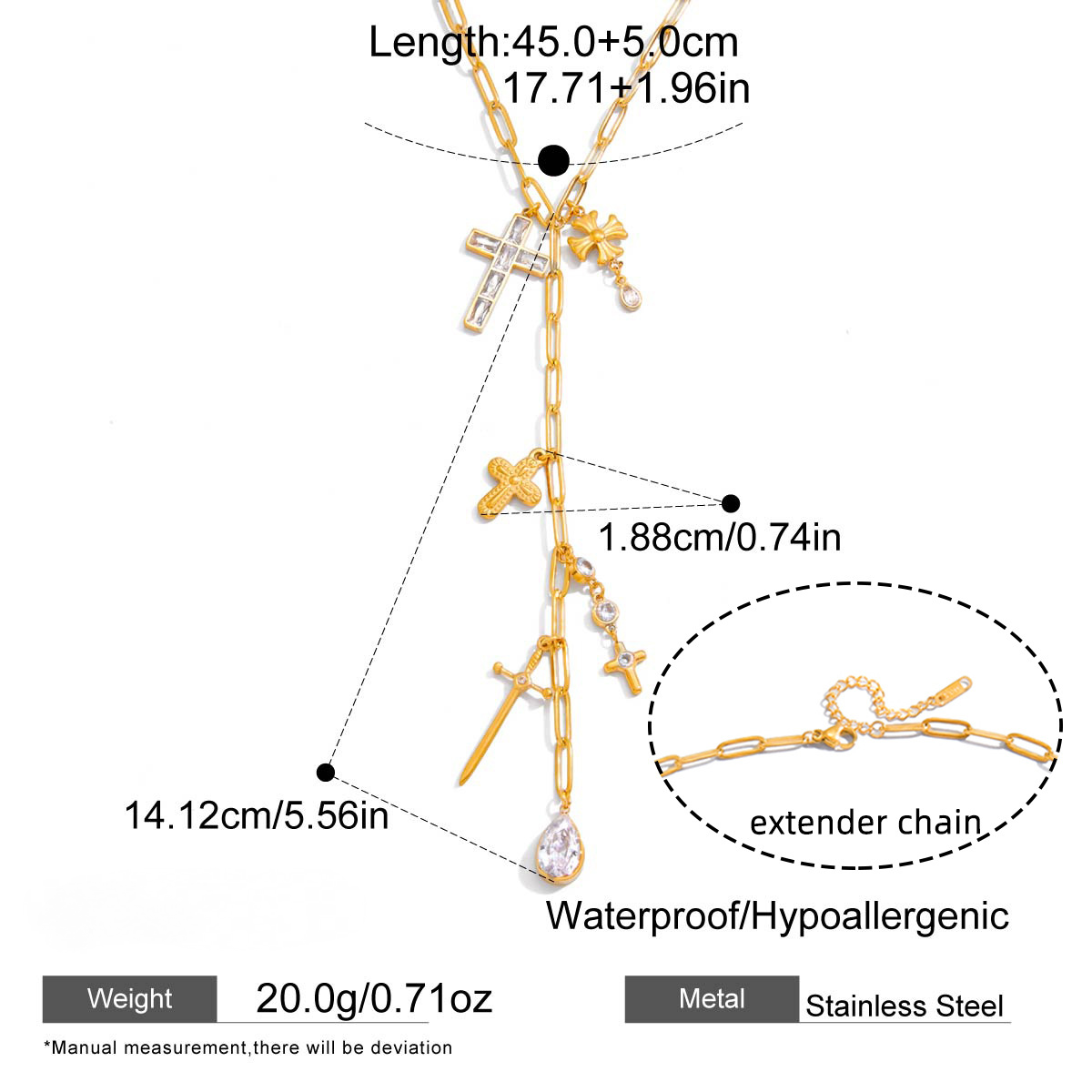 Stainless Steel Cubic Zirconia Cross Lariat Necklace