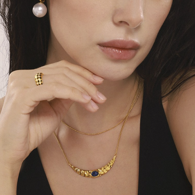 Crescent Moon Inlay Lapis Lazuli Double Necklace Imitation Pearl Earrings Jewelry Suit
