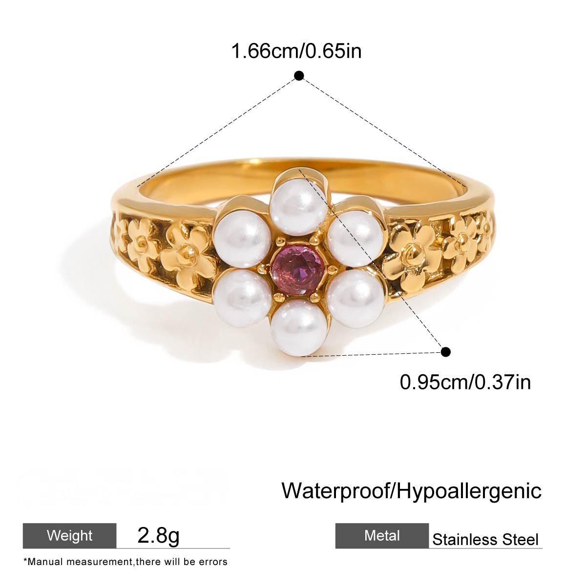 Stainless Steel Pearl Flower Cubic Zirconia Ring