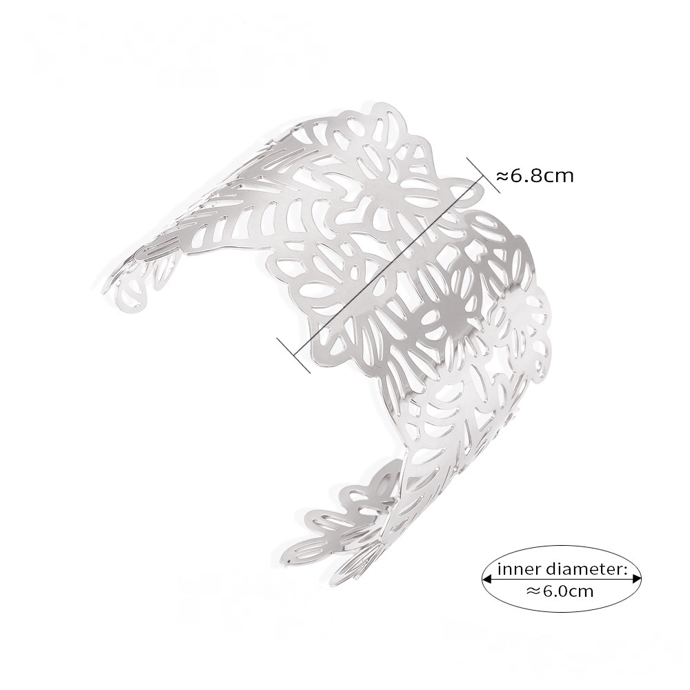 Stainless Steel Flower Leaf Stitching Cuff Chunky Bracelet