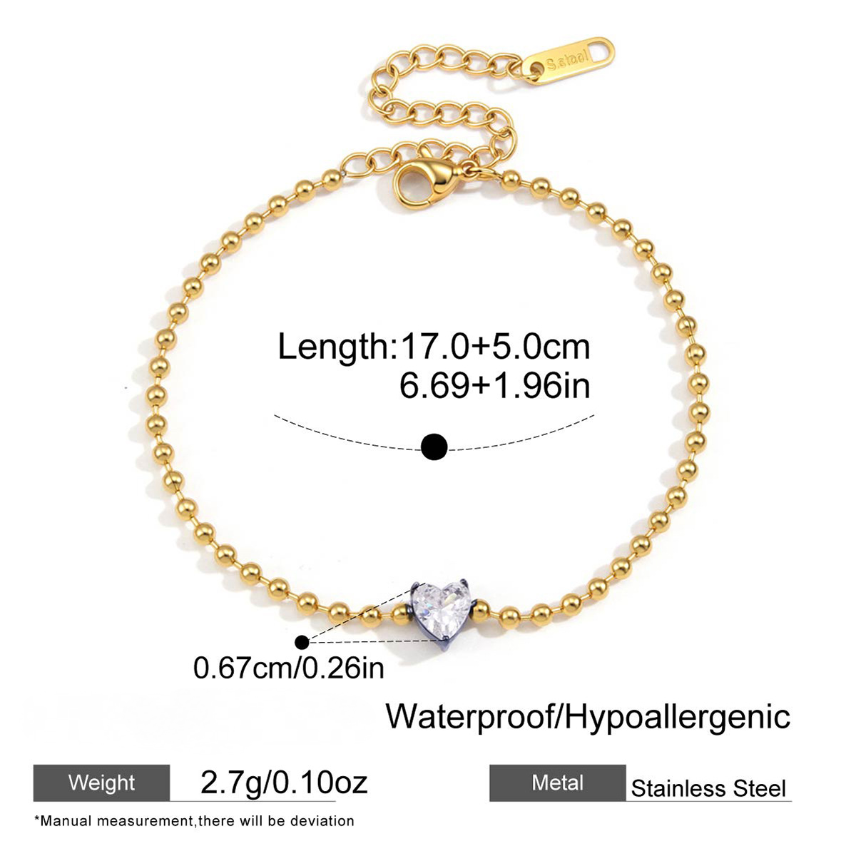Stainless Steel Water Drop White CZ Bead Chain Bracelet