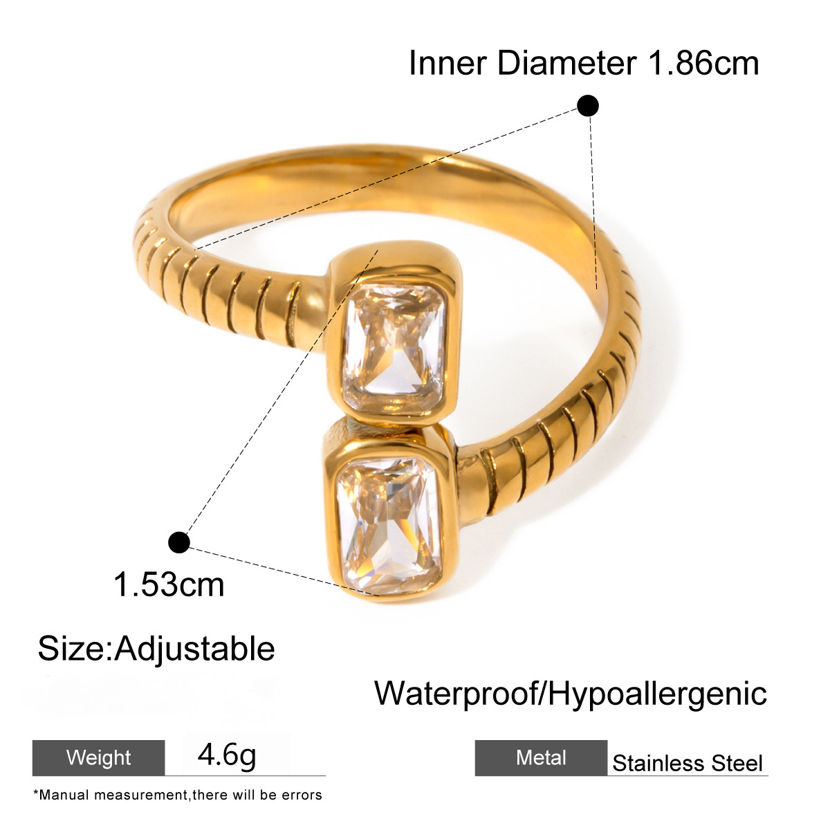 Stainless Steel Square Cubic Zirconia Open Ring