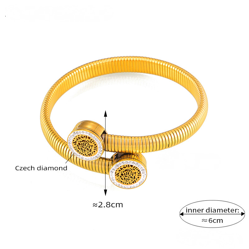 Stainless Steel Hollow Round Inlay Czech Diamonds Cuff Bracelet