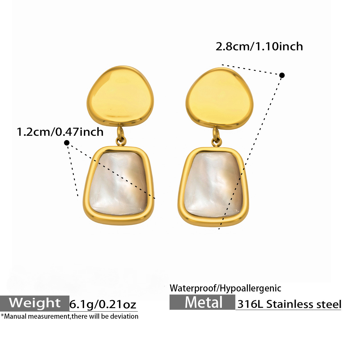 Stainless Steel White Mother of Pearl Pendant Stud Earrings