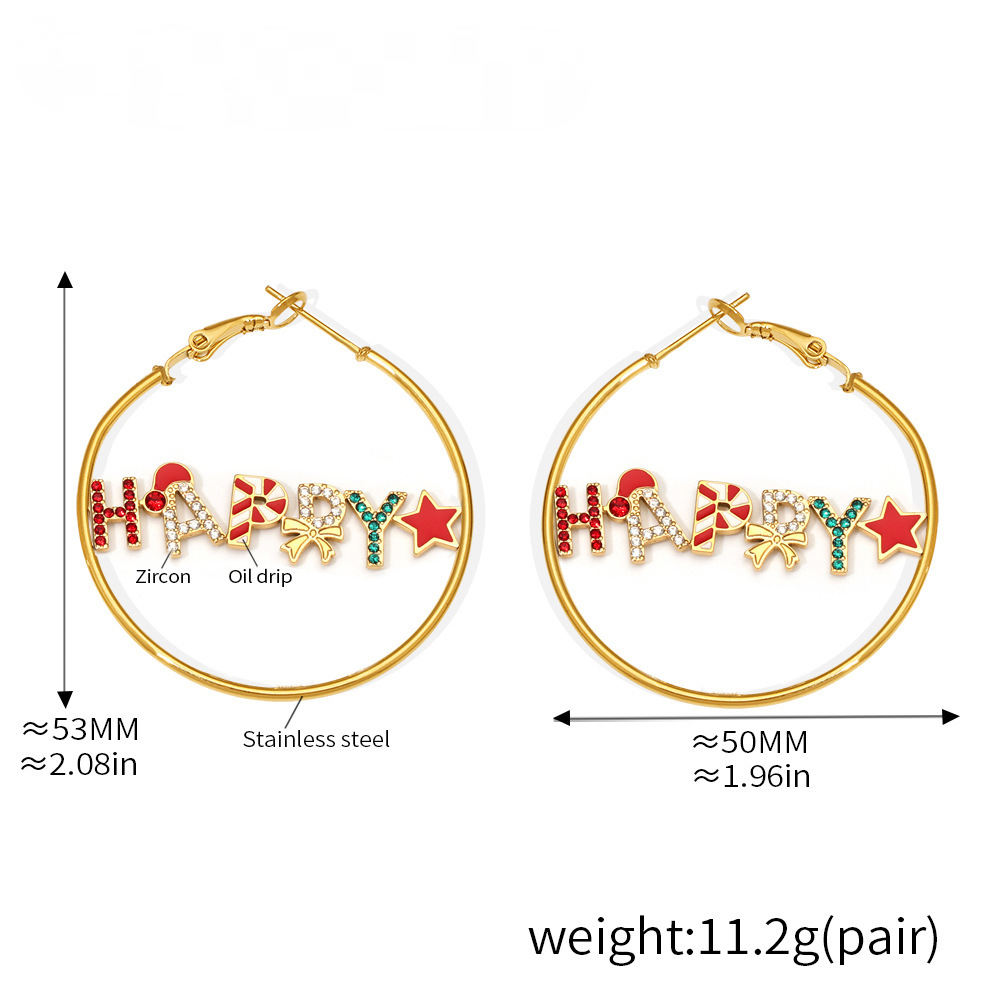 Stainless Steel Christmas Zircon HAPPY Letter Necklace Bracelet Earrings Jewelry Suit