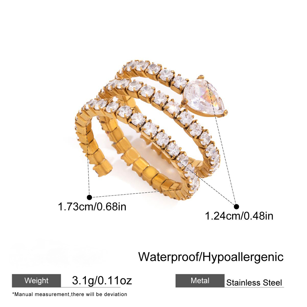 Stainless Steel Snake Shaped Multi-layer CZ Open Ring