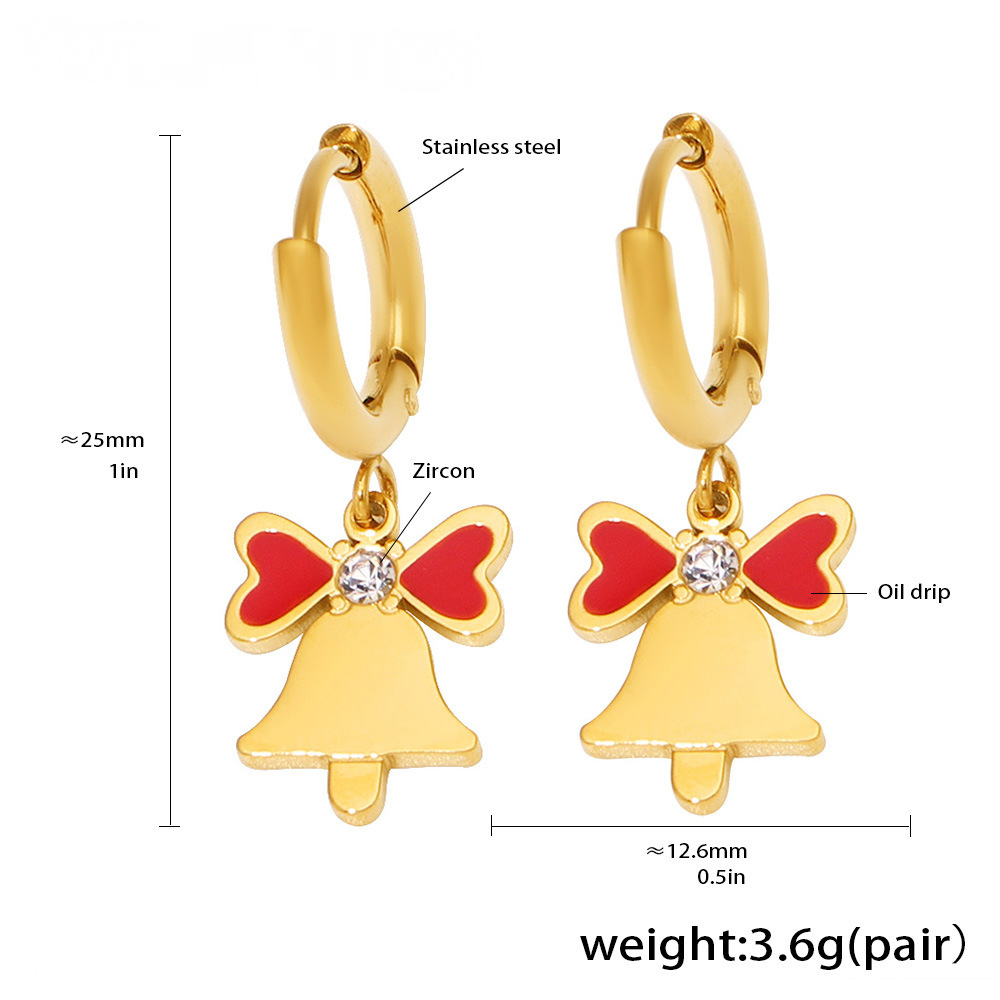 Stainless Steel Christmas Zircon Bell Necklace Bracelet Earrings Jewelry Suit