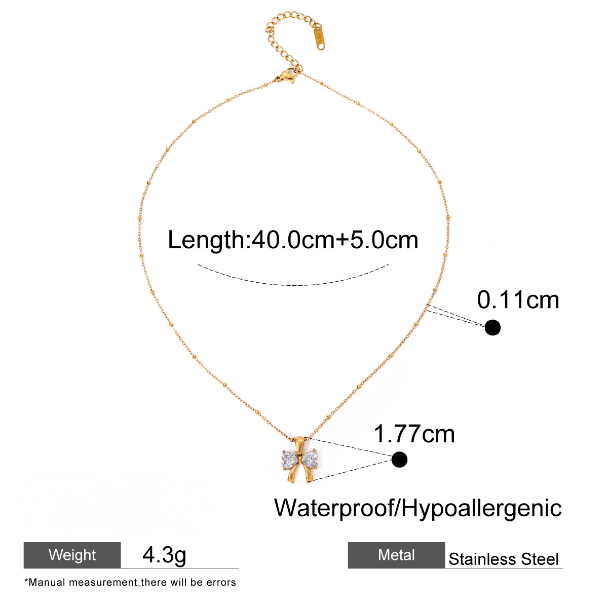 Stainless Steel Bowknot Cubic Zirconia Heart Necklace