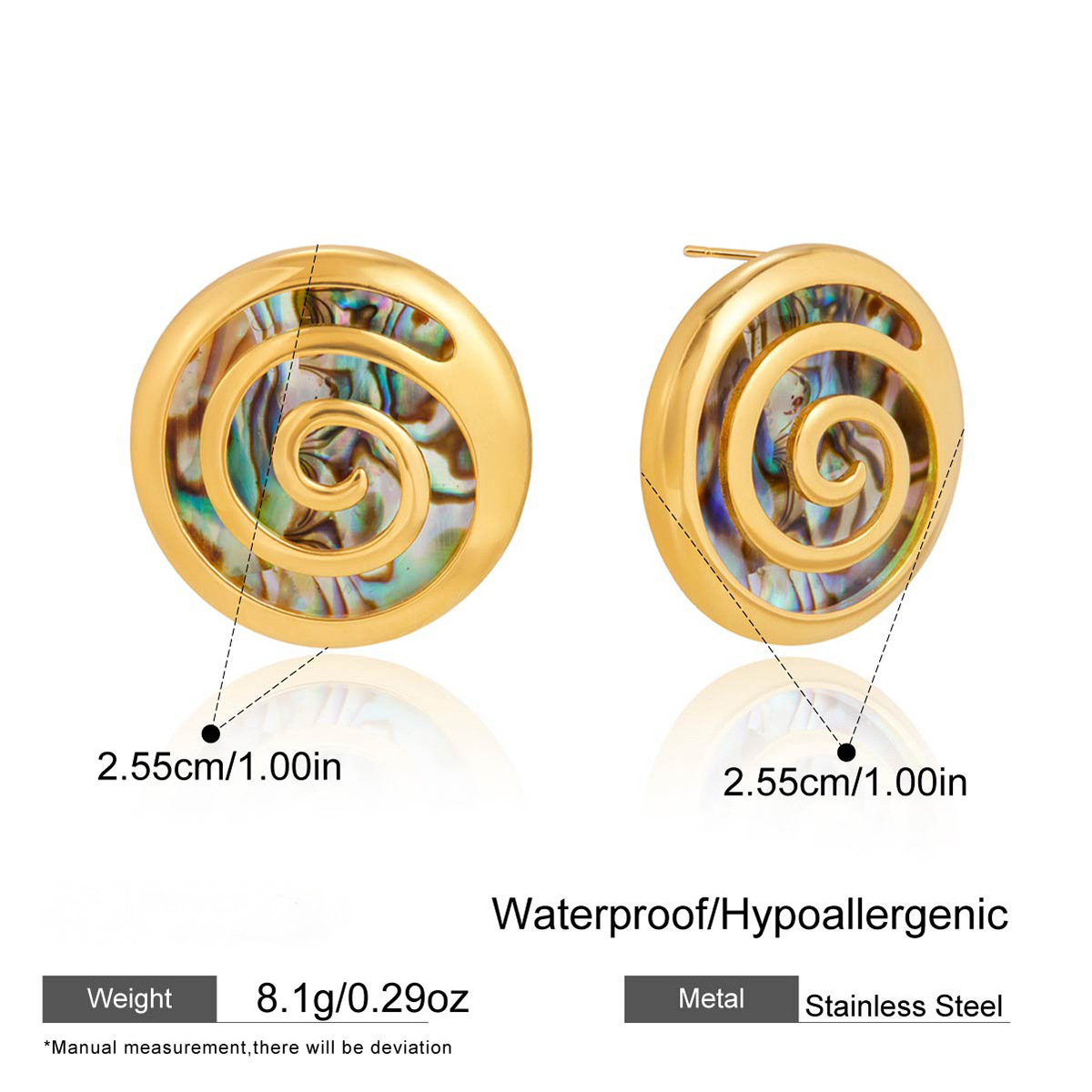 Stainless Steel Hammer Patterned Spiral Abalone Shell Necklace Earring Jewelry Set