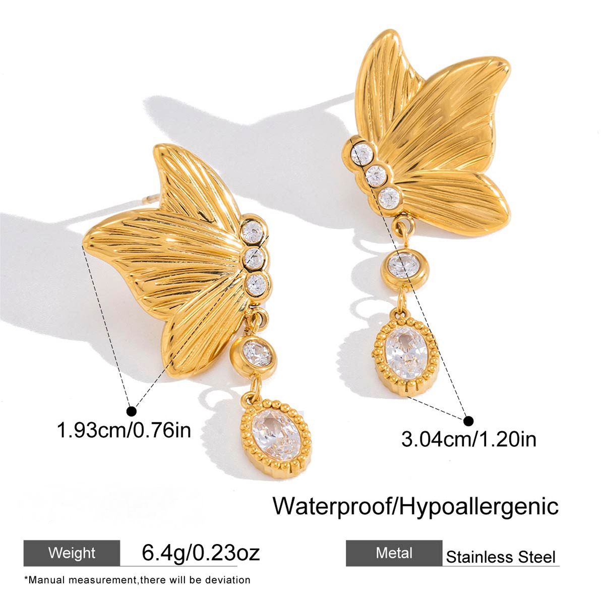 Stainless Steel Cubic Zirconia Butterfly Pendant Stud Earrings