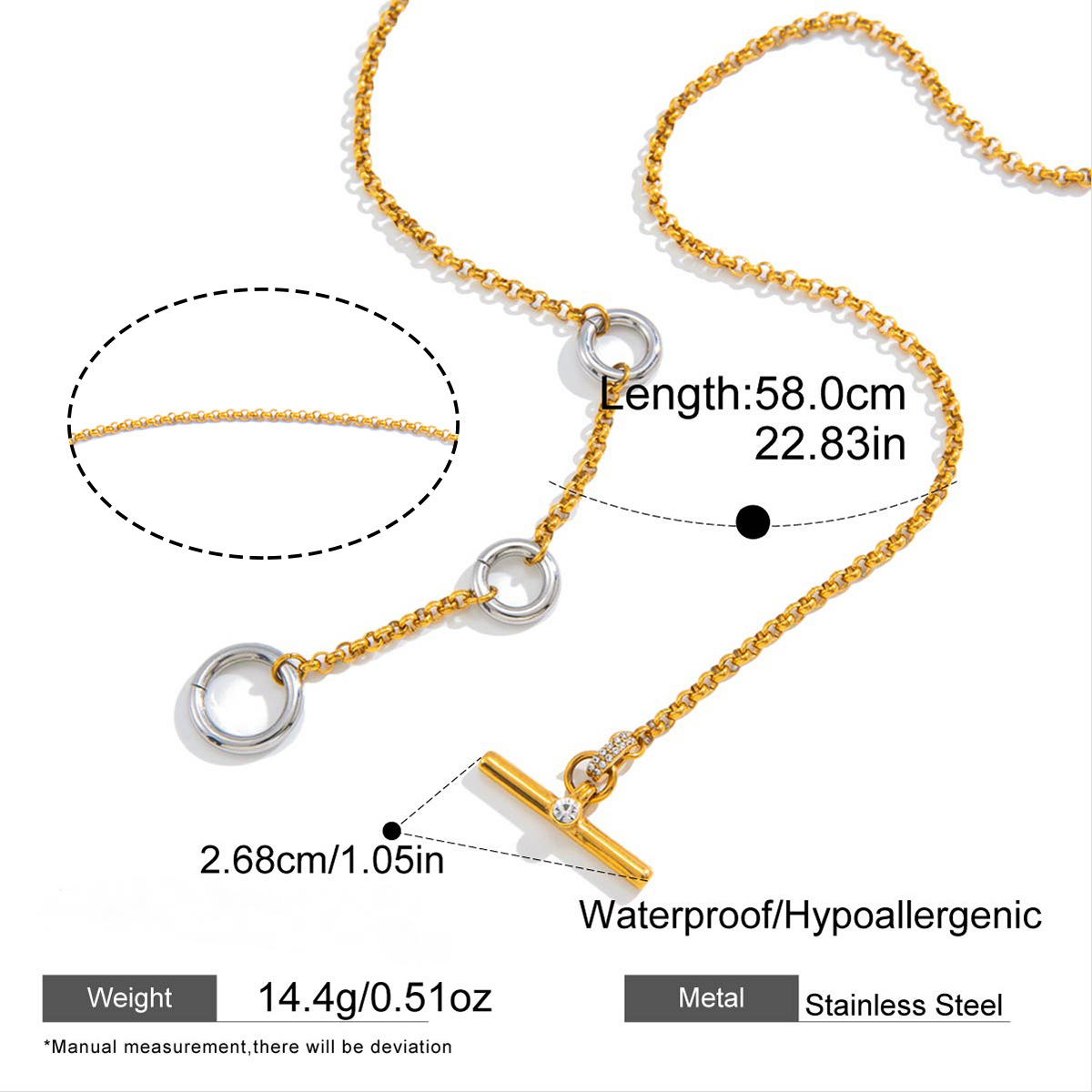Stainless Steel White Rhinestone T-bar OT Clasp Cable Chain Necklace