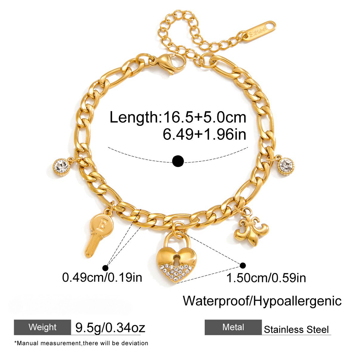 Stainless Steel White Rhinestone Key Bracelet