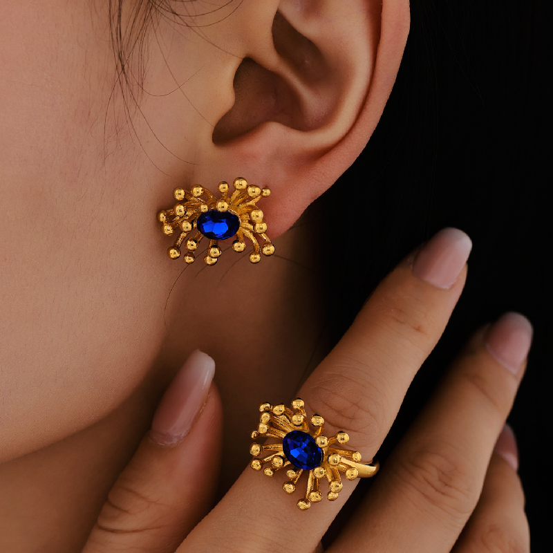 Stamen Inlay Cubic Zirconia Cuff Ring Earrings Stainless Steel Jewelry Suit