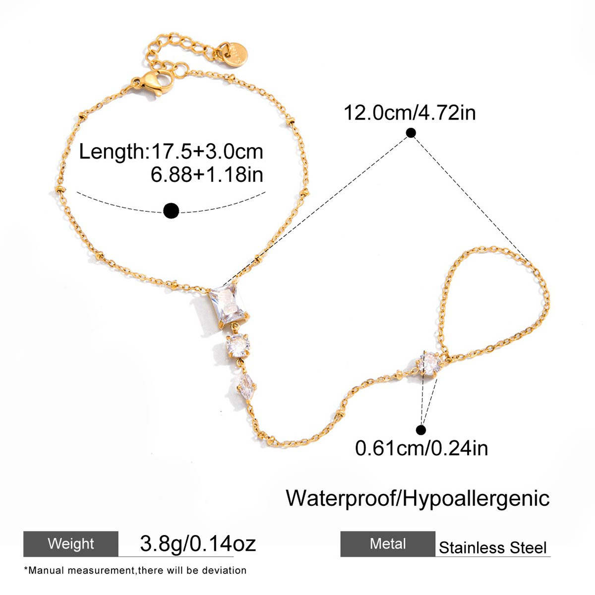 Stainless Steel Heart Cubic Zirconia Hand Chain Stackable Bracelet