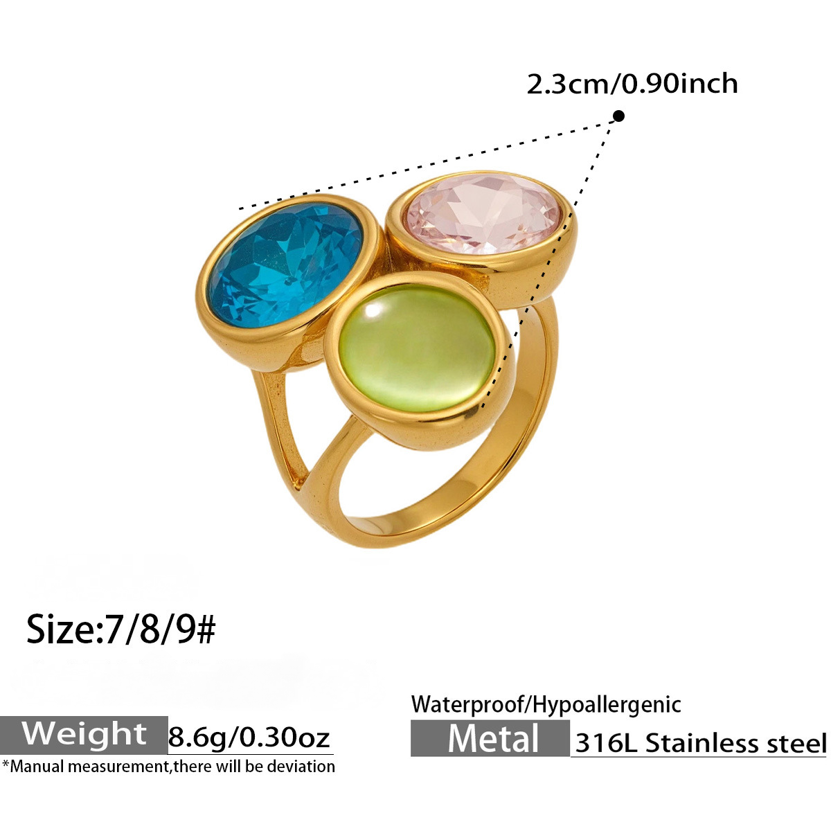 Stainless Steel Multi-colored Glass Rhinestone Ring