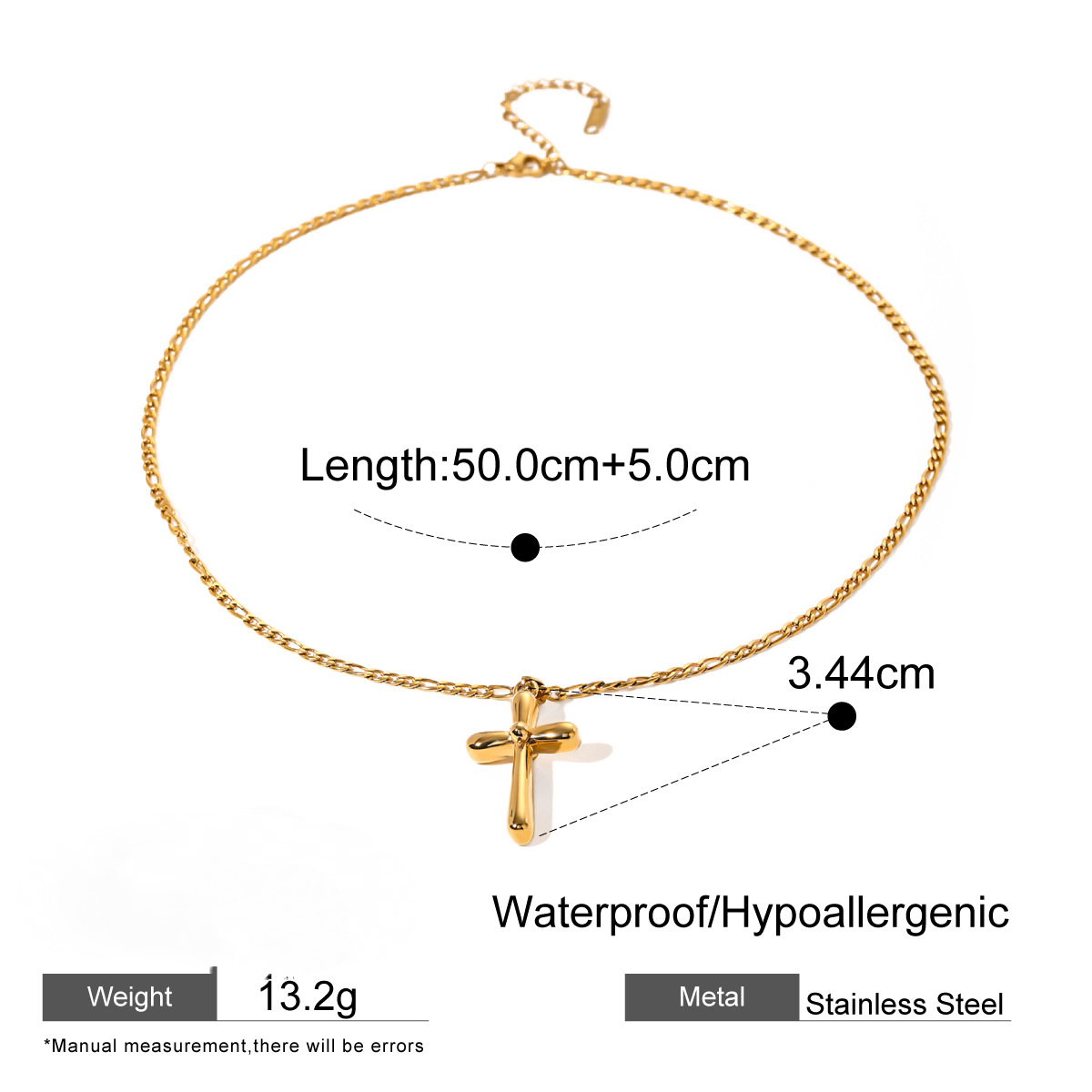 Stainless Steel Cross Pendant Figaro Chain Necklace