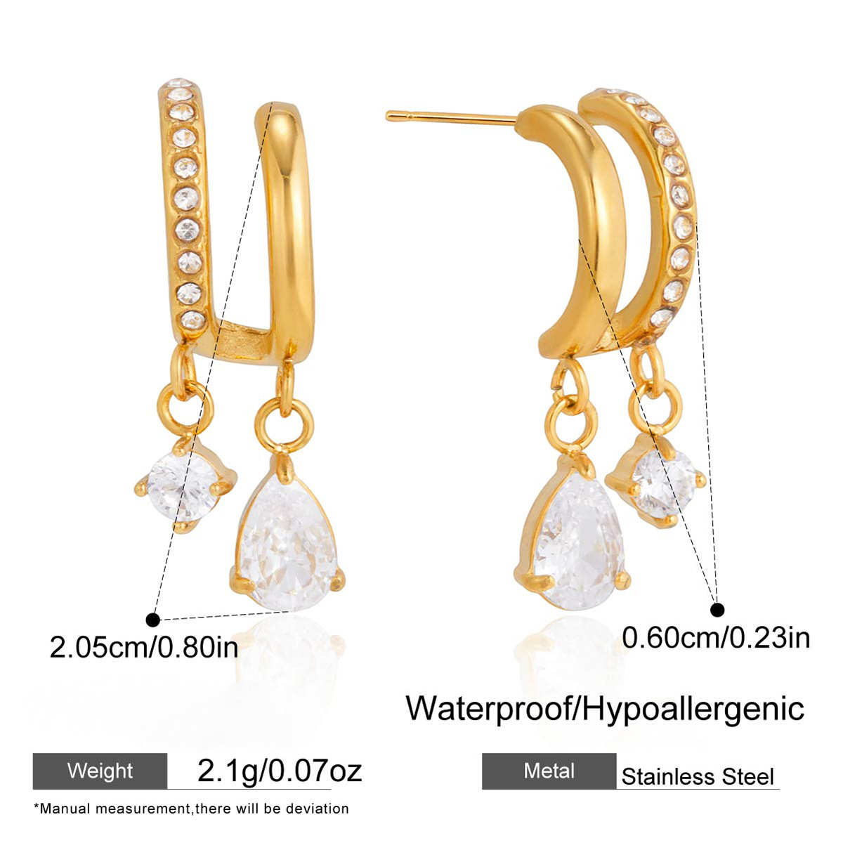 Stainless Steel Water Drop-shaped Cubic Zirconia Stud Earrings