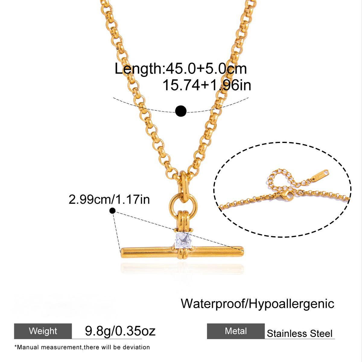 Stainless Steel T-bar Cubic Zirconia Pendant Necklace