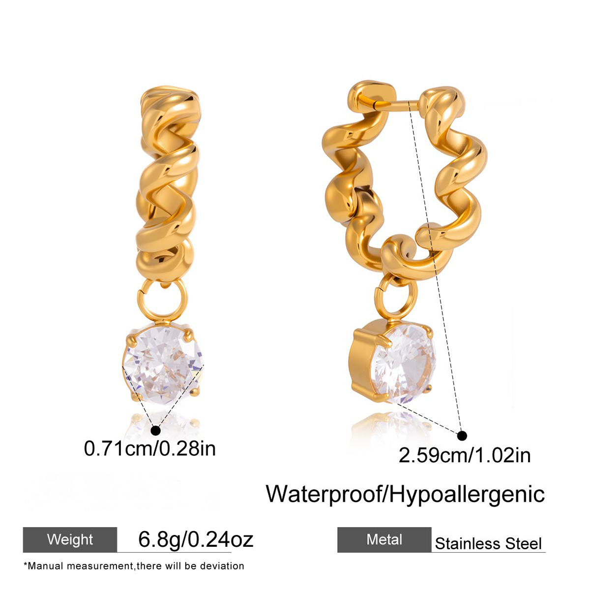 Stainless Steel CZ Pendant Spiral Wave Line Hoop Earrings