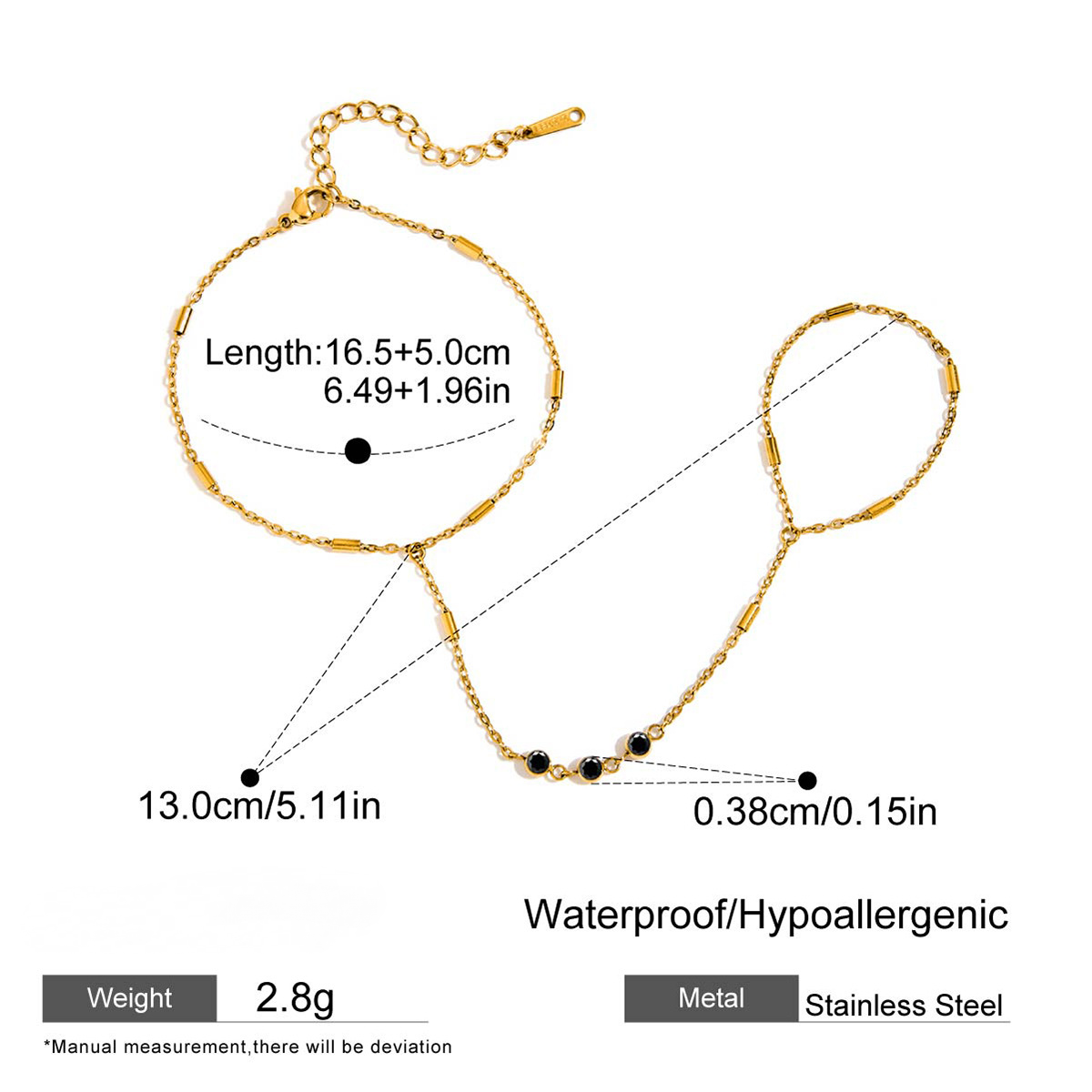 18K Gold PVD Stainless Steel Rhinestone Finger Hand Chain Bracelet