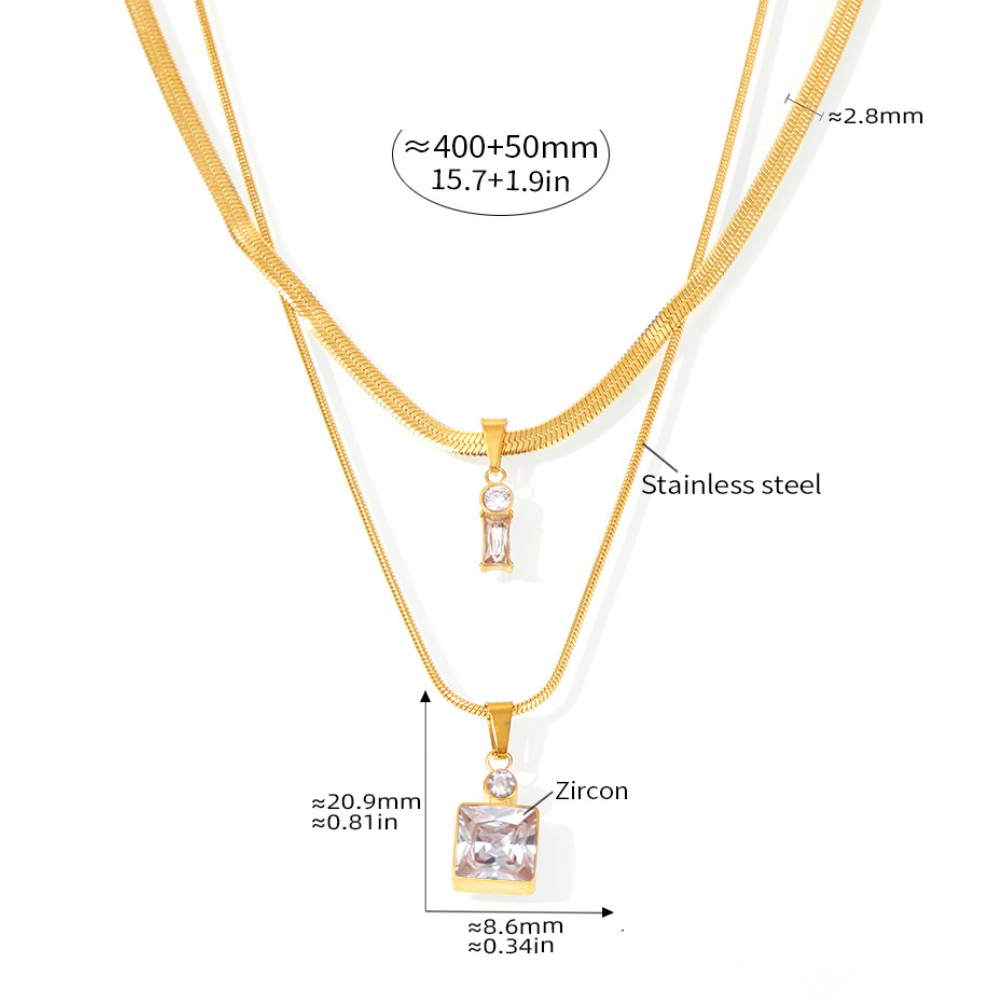 Square CZ Pendant Stainless Steel Snake Chain Necklace